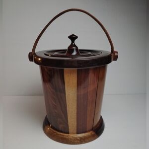1970s Wood Ice Bucket with Tooled Leather Handle and Plastic Insert, Beautiful!